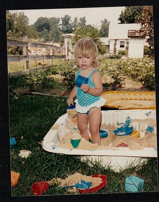 Vintage Photograph Adorable Little Girl Playing In Sandbox With Toys
