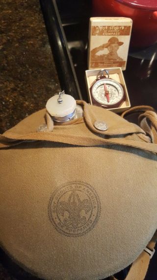 Vintage Camping Boy Scouts Of America Aluminum Canteen & Compass Set Bsa