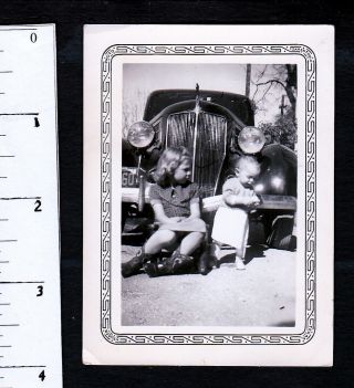 Cute Little Blond Girl With Old Car.  1930s Snapshot Photo.  303