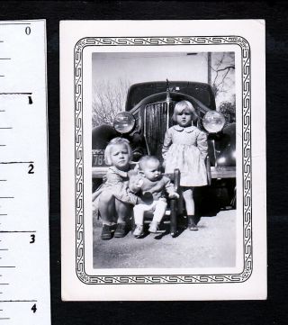 Cute Little Blond Girls With Old Car.  1930s Snapshot Photo.  304