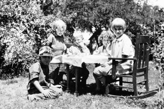 Vintage Old 1915 Photo Negative Of Children Boys Girls Having A Tea Party Garden