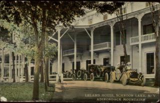Schroon Lake Ny Leland House & Old Cars C1910 Postcard