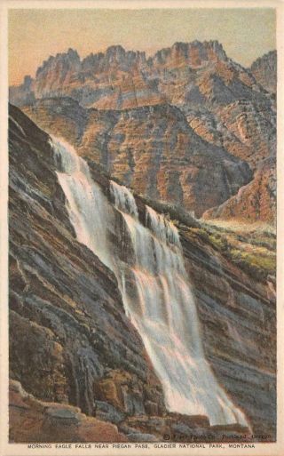 Morning Eagle Falls Glacier National Park Great Northern Railway Train Postcard