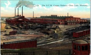 Great Falls,  Mt The A C M Copper Refinery Railroad Cars C1910s Mining Postcard