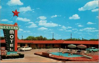 Abilene Texas Western Motel Googie Star Art Deco Neon Sign 1950s Cars Postcard