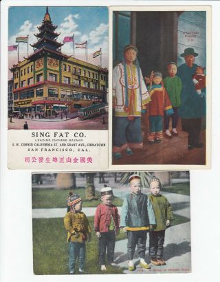 3 Vintage Postcards Chinatown San Francisco China Town Sing Fat Co.  Family Kids