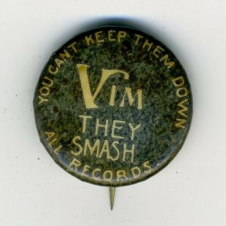 Vintage Antique Vim " They Smash " Bicycle Celluloid Stick Pin Pinback 1890 