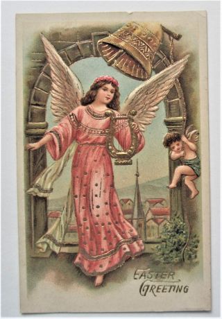 Pink Angel Rings Easter Bells Gold Embossed Asb Postcard