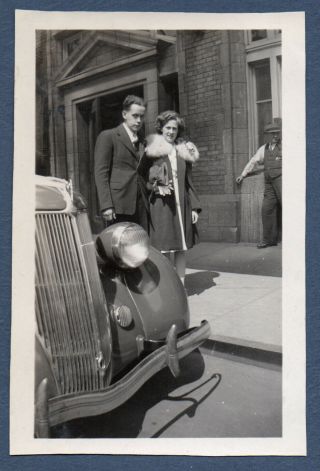 Vintage Photo Snapshot Ca.  1936 Ford V - 8 At Curb Young Couple Behind On Sidewalk