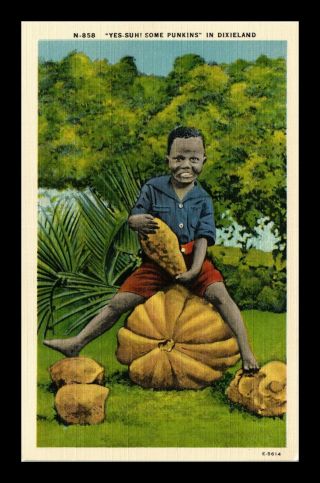 Dr Jim Stamps Us Little Boy Pumpkin Black Americana Linen Postcard