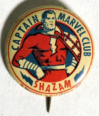 S616.  Vintage: Tin Litho Pin - Back Captain Marvel Club Shazam Club Badge (1941)