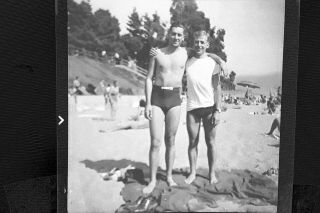 Vintage Old 1945 Photo Negative Of Men Friends At Beach Wearing Swimsuit Briefs