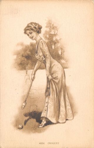 " Croquet " Lovely Victorian Lady Plays On Lawn Mallet Striped Ball 4006 Artist