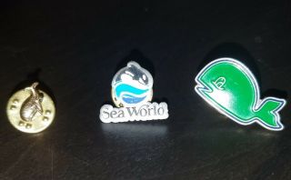 Vintage Seaworld Lapel Pin,  Green Whale Lapel Pin,  And Goldtone Whale Pin