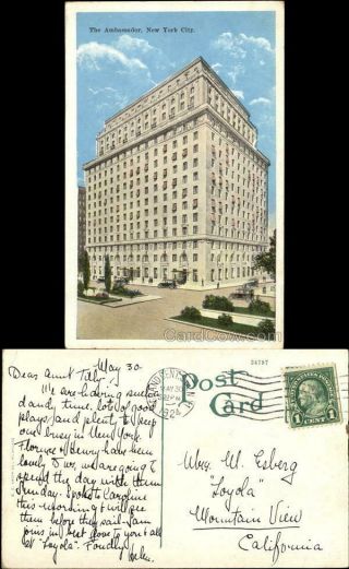 1924 York City,  Ny The Ambassador Kropp Antique Postcard E.  C.  Kropp Co.