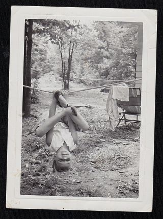 Old Vintage Antique Photograph Little Girl Hanging Upside Down On Clothes Line