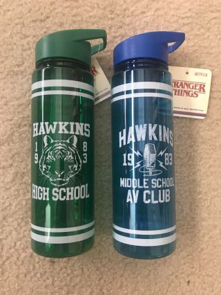 Stranger Things Hawkins High School & Middle School Av Club Water Bottles Nwt