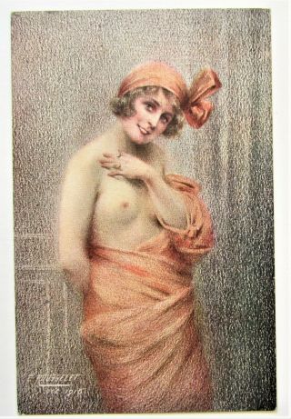 A/s Risque Art Glamour Semi - Nude Woman In Apricot Hat & Wrap Postcard