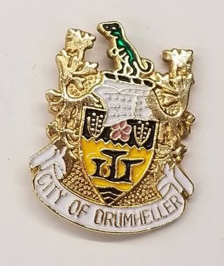 City Of Drumheller Dinosaur Coat Of Arms Lapel Hat Pin 475