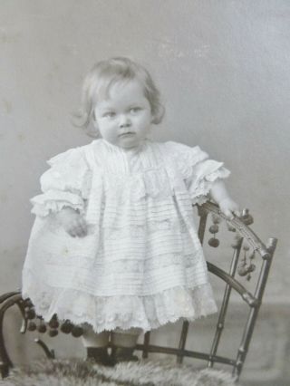Antique Cabinet Card Photo Adorable Little Toddler Girl Lacy Dress On Chair