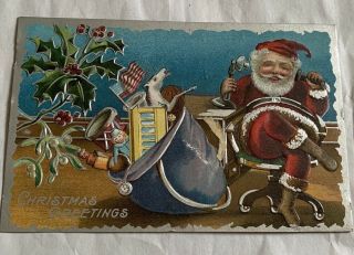 Vintage Christmas Postcard - Santa Claus On Telephone - Sack Of Toys