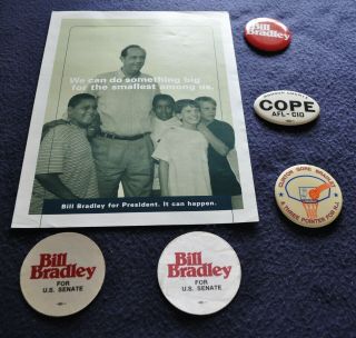 3 Vtg 1970s - 00s President Bill Bradley Campaign Pinback Buttons - 1 Pmphlt 2 Stkrs