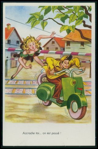 Motorcycle Vespa Scooter Humor Pinup Train Old 1950s Postcard