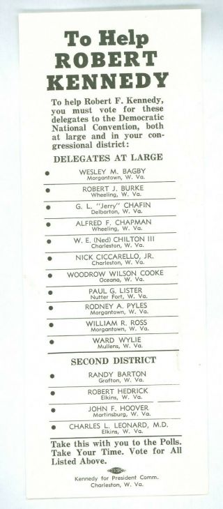 Vtg 1968 President Robert Kennedy Political Campaign Paper Flier West Virginia