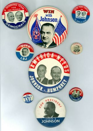 9 Vintage 1960 - 68 President Lyndon B.  Johnson Campaign Pinback Buttons Viva Lbj