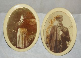 Vintage Oval Metal & Plastic Photo Frames With Early Century Farm Couple Photos