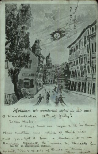 Meissen Germany Man In The Moon Drunk At Night View C1900 Postcard