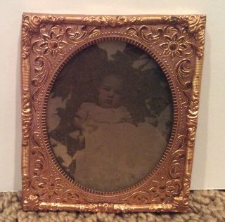 Ambrotype Tintype Of A Baby In Gold Frame 1/6 Plate