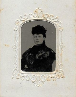 Tintype Photo T1196 Woman W/tinted Cheeks Posing In Fur Shawl & A Hat