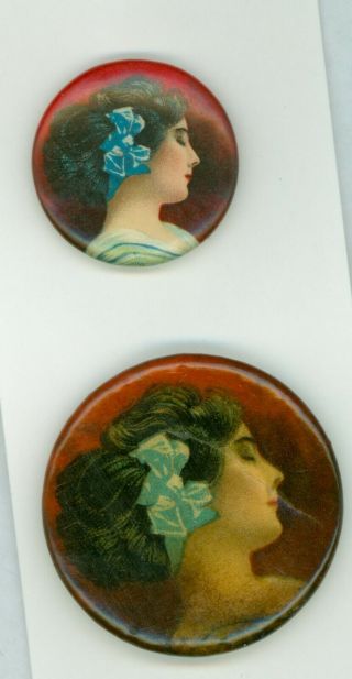 2 Vtg 1890s Perfection Cigarette Company Advertising Pinback Buttons Blue Ribbon