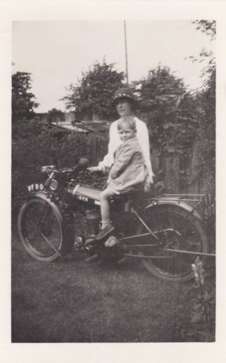 Old Photo Woman Children Boy Riding Vintage Motorbike Motorcycle F2