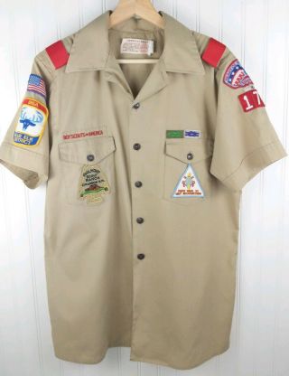 Vtg Boy Scout Bsa Leader Uniform Shirt Tan Patches Hoac Philmont 42 " Chest Mens