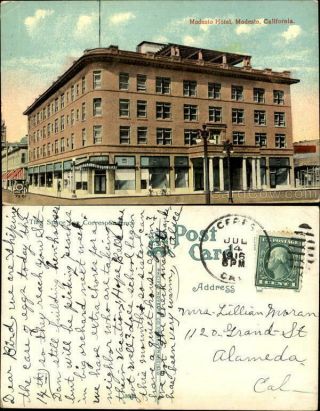 1916 Modesto Hotel Stanislaus County California Antique Postcard 1c Stamp