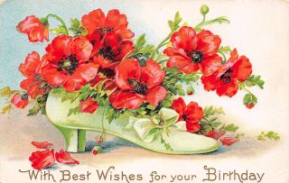 Orange Poppies In Ladies Lime High Heel Shoe Embossed 1912 Postcard S 106
