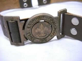 Vintage Greek Boy Scouts Dark Brown Leather Belt Engraved Symbol 27