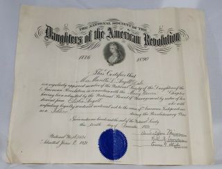 Daughters Of The American Revolution Certificate Elisha Angell Mercy Warren 1921