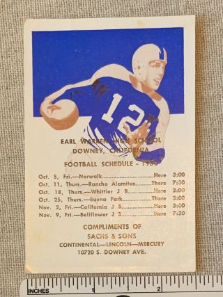 Vtg 1956 Earl Warren High School Football Schedule Card Downey California Bears
