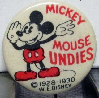 Mickey Mouse Undies 1928 - 1930 W.  E.  Disney Vintage Pin Back Button