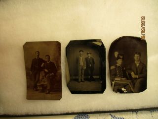3 Antique Tintype Photos Small Groups Of Men 1 In Uniform 2 - 1/2 " X 3 - 1/2 "