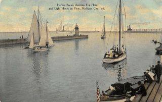 Michigan City Indiana Harbor Iroquois Sails Past Dock Fog Horn Light House 1908