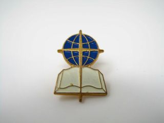 Vintage Collectible Pin: Bible Cross Blue World Design Religious