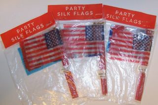 3 X Vintage Miniature Silk Flags Party Favors Nip - - Us,  Canada,  France,  Uk & Un