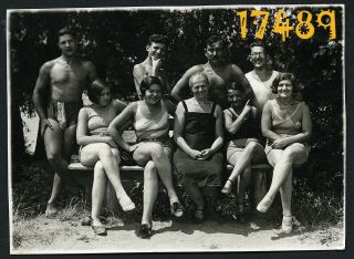 Strong Shirtless Boys And Girls Smiling On Bench,  Swimsuit,  1930’s Vintage Photo