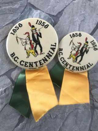 2 Sizes 1858 - 1958 Bc Centennial Pinbacks With Ribbons Nos Smoking Guys
