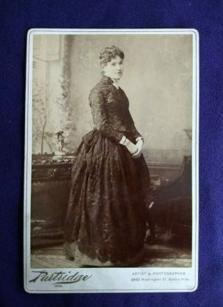 Vintage Cabinet Card Photo Pretty Victorian Lady In Bustle Dress - Boston,  Ma