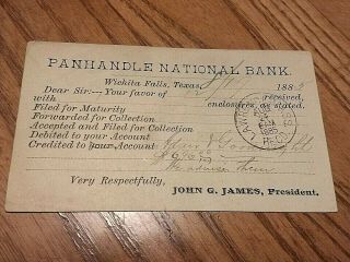1885 U.  S.  Postal Card Panhandle National Bank Wichita Falls Texas
